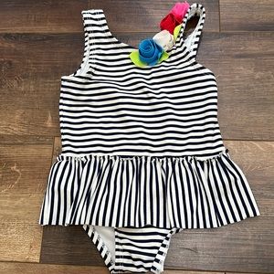 Janie and Jack navy and white striped bathing suit with flowers